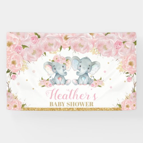 Blush Floral Twins Elephant Baby Shower Backdrop Banner