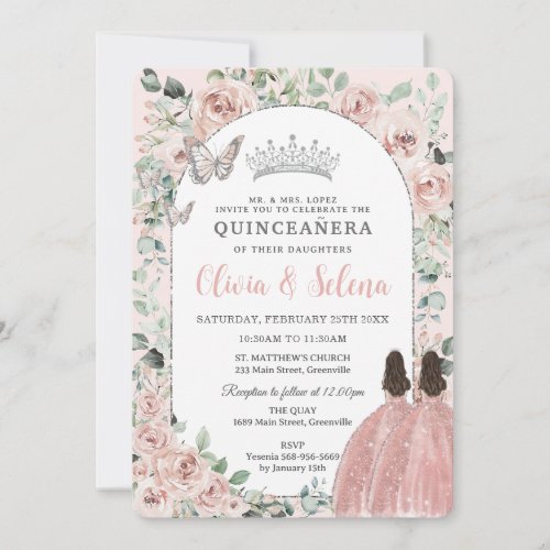 Blush Floral Twins Princesses Silver Quinceaera Invitation