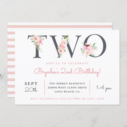 Blush Floral TWO  2nd Birthday Party Invitation