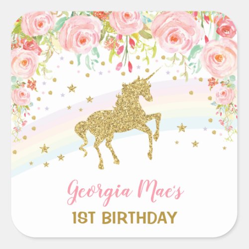 Blush Floral Unicorn Birthday Favor Sticker Tag
