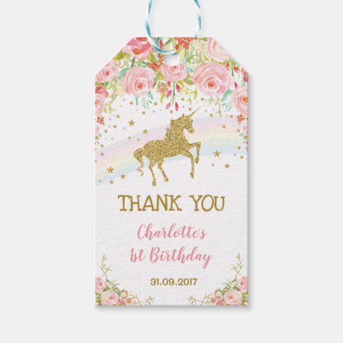 Blush Floral Unicorn Birthday Party Favors Rainbow Gift Tags