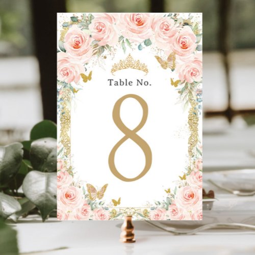 Blush Floral Vintage Gold Birthday Quinceanera Table Number