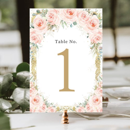 Blush Floral Vintage Gold Birthday Wedding Bridal Table Number