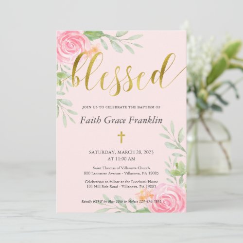 Blush Floral Watercolor and Gold Blessed Baptism Invitation