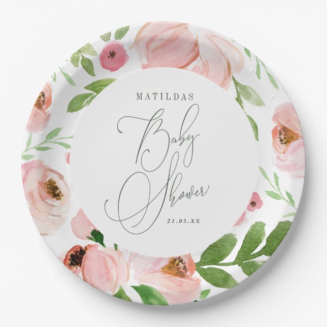 Blush floral watercolor Baby shower Paper Plates (Front)