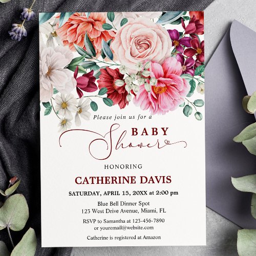 Blush Floral Watercolor Boho Peony Baby Shower Invitation