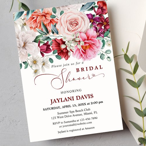 Blush Floral Watercolor Boho Peony Bridal Shower Invitation