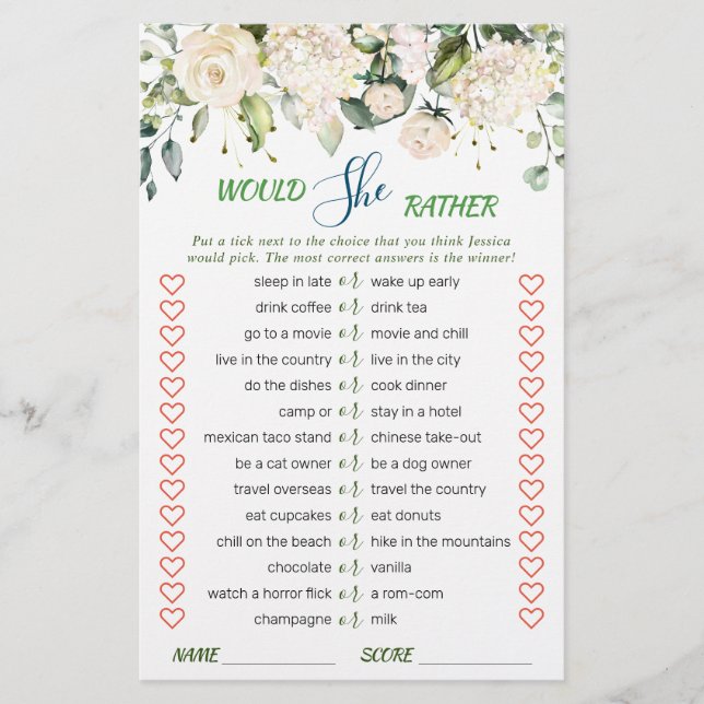 Blush Floral Watercolor Bridal Shower Game (Front)