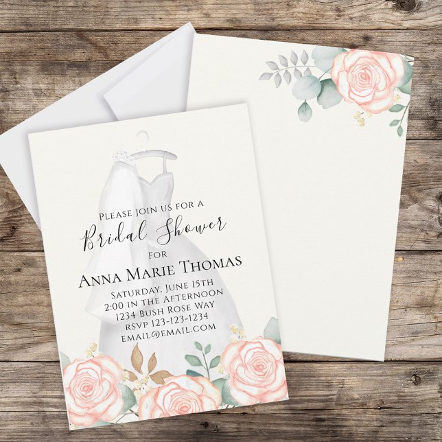 Blush Floral Watercolor Elegant Bridal Gown Dress Invitation (Creator Uploaded)