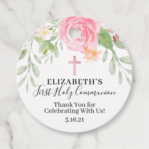 Blush Floral Watercolor First Communion Favor Tag 