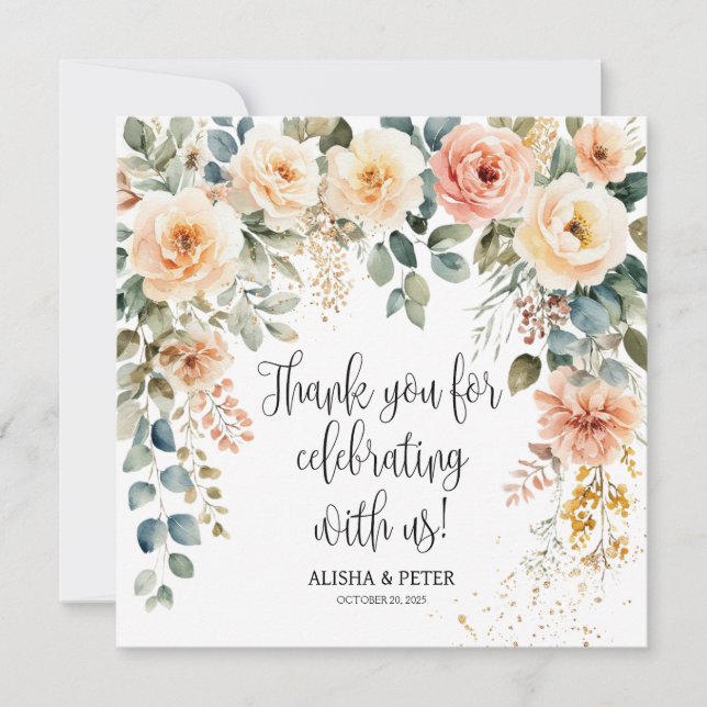 Blush Floral Watercolor Flat Thank You Card (Front)