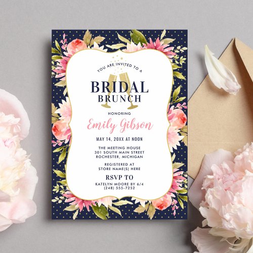Blush Floral Watercolor Navy Wedding Bridal Brunch Invitation