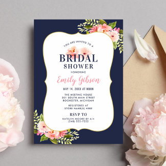 Blush Floral Watercolor Navy Wedding Bridal Shower Invitation