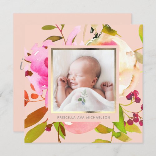 Blush Floral Watercolor Photo Birth Announcement