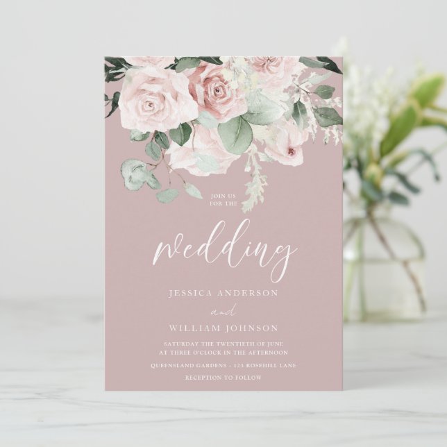 Blush Floral Watercolor Sage Leaves Wedding Invitation (Standing Front)