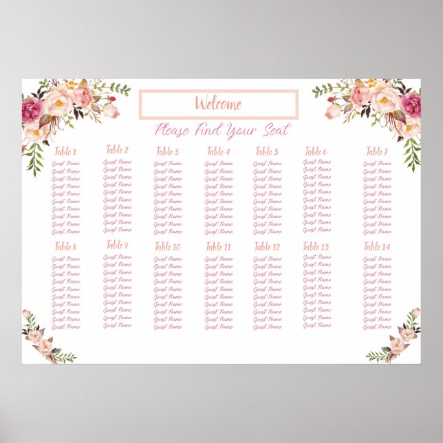 Blush Floral Watercolor Seating Chart (Front)
