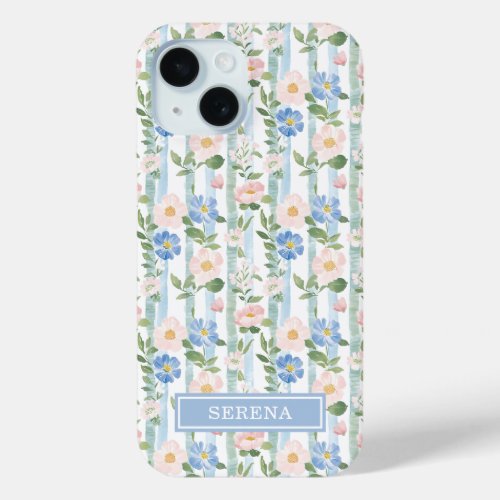 Blush Floral Watercolor Striped Personalized Case- iPhone 15 Case
