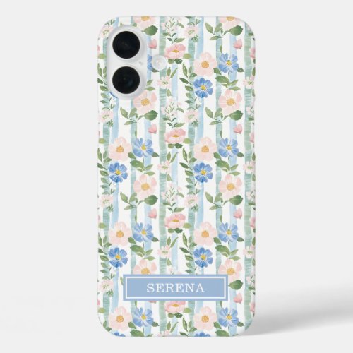 Blush Floral Watercolor Striped Personalized iPhone 16 Plus Case