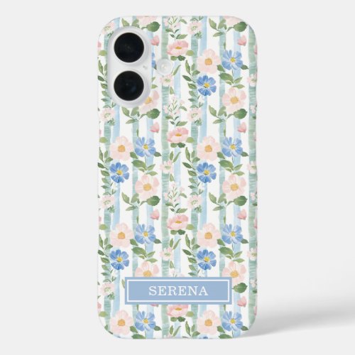 Blush Floral Watercolor Striped Personalized iPhone 16 Case