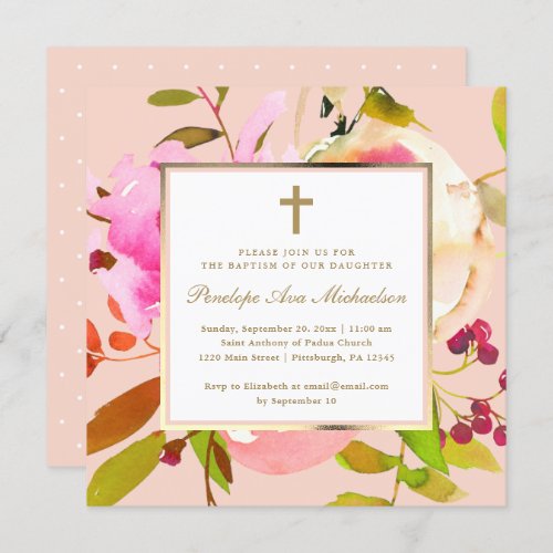 Blush Floral Watercolor with Cross Baptism Invitation