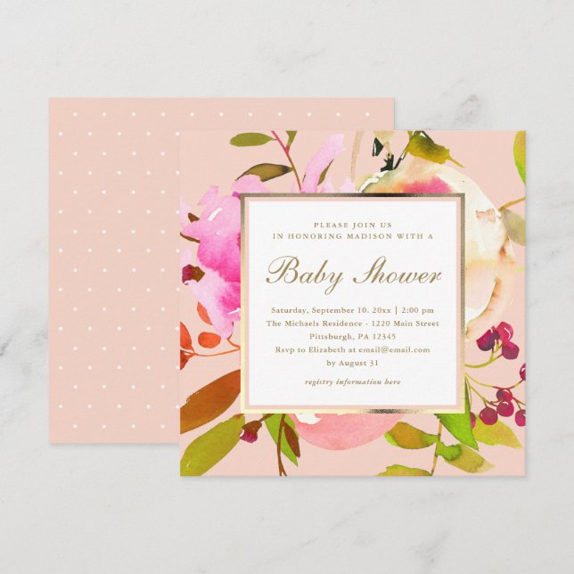 Blush Floral Watercolor with Dots Baby Shower Invitation (Front/Back)