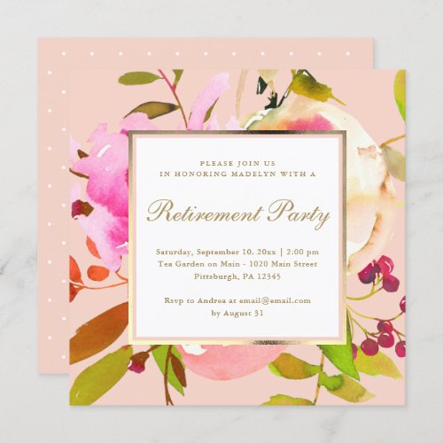 Blush Floral Watercolor with Dots Retirement Party Invitation