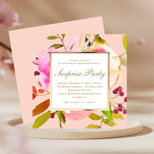 Blush Floral Watercolor with Dots Surprise Party Invitation