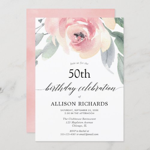 Blush floral watercolor women adult birthday party invitation