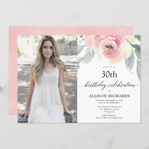 Blush floral watercolor women adult birthday photo invitation