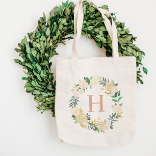 Blush Floral Watercolor Wreath Initial Tote Bag