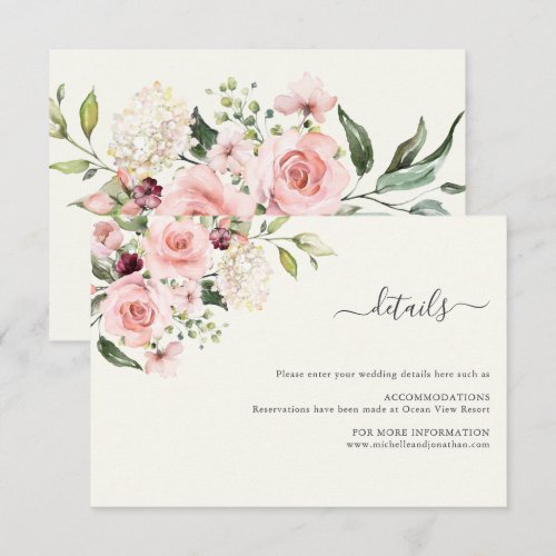 Blush Floral Wedding Details Card - Cream