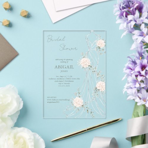 Blush Floral Wedding Dress Elegant Bridal Shower Acrylic Invitations