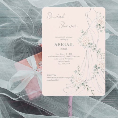 Blush Floral Wedding Dress Elegant Bridal Shower Invitation