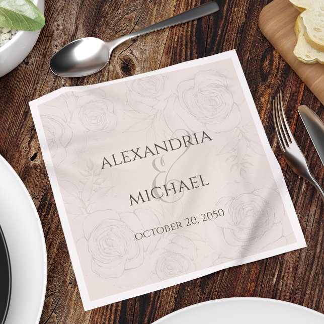 Blush Floral Wedding Elegant Custom Napkins (Elegant floral blush calligraphy ampersand dinner napkin.  )