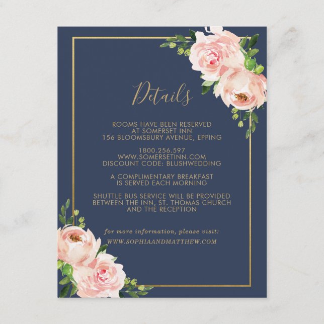 Blush Floral  Wedding Guest Details Information Enclosure Card (Front)