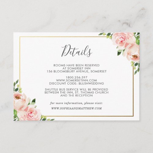 Blush Floral Wedding Guest Details Information Enclosure Card