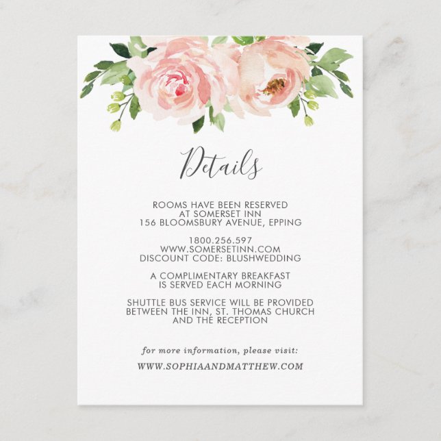 Blush Floral Wedding Guest Details Information Enclosure Card (Front)