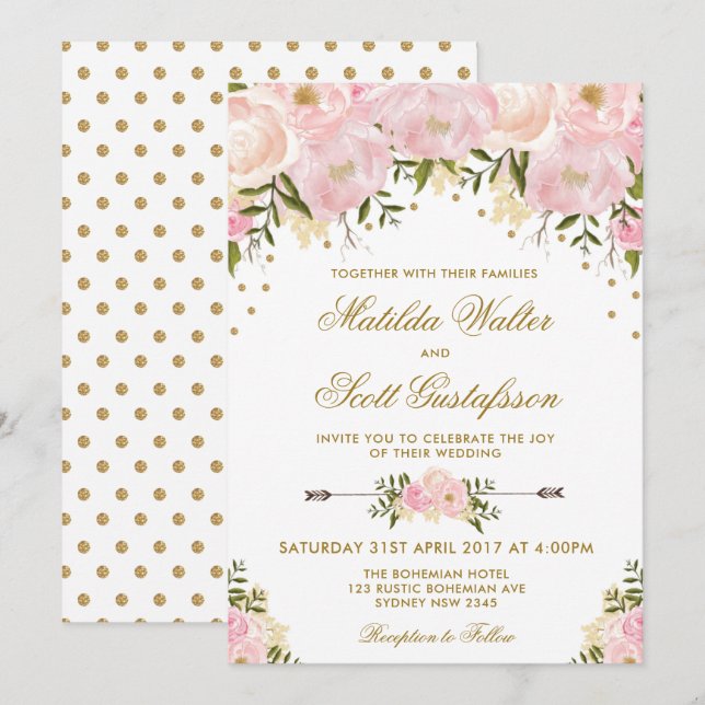 Blush Floral Wedding Invitation Pink Gold Flowers (Front/Back)