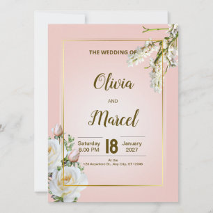 Blush Floral Wedding Invitation with Gold Frame