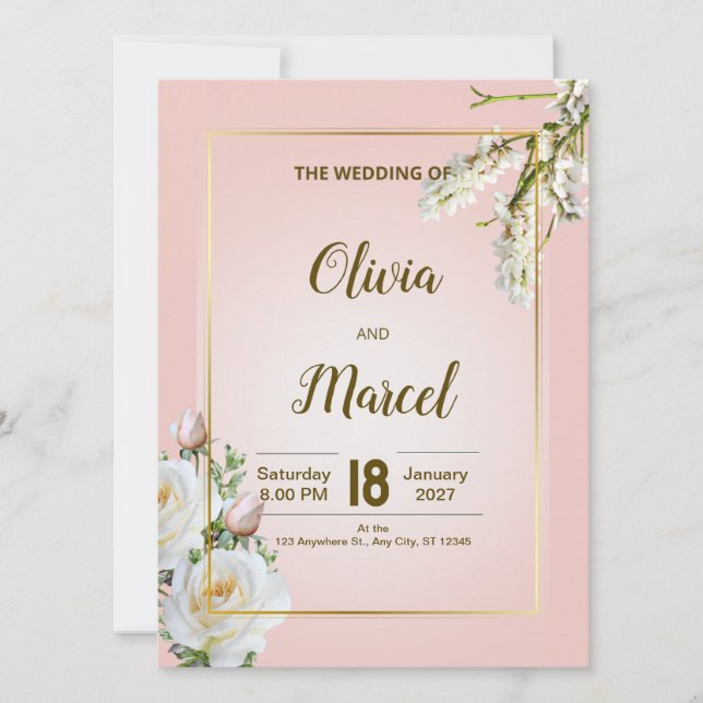 Blush Floral Wedding Invitation with Gold Frame (Front)