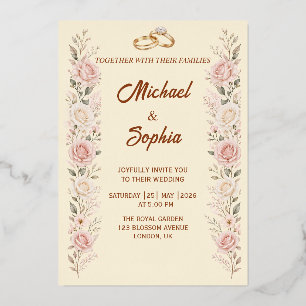 Blush Floral Wedding Invitation with Gold Rings Foil Invitation