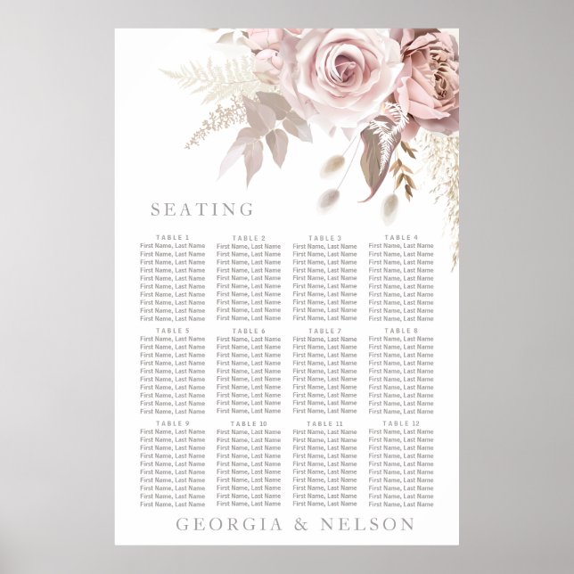 Blush Floral Wedding Large Seating Chart Poster (Front)