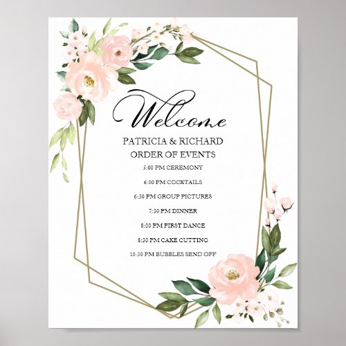 Blush Floral Wedding Order Of Event Sign