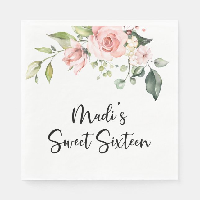 Blush Floral Wedding Paper Napkins (Front)