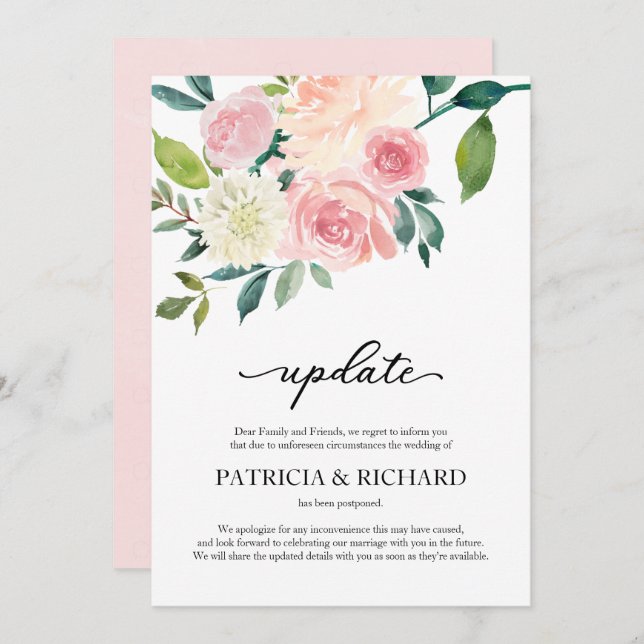 Blush Floral Wedding Postponement Update Invitation (Front/Back)