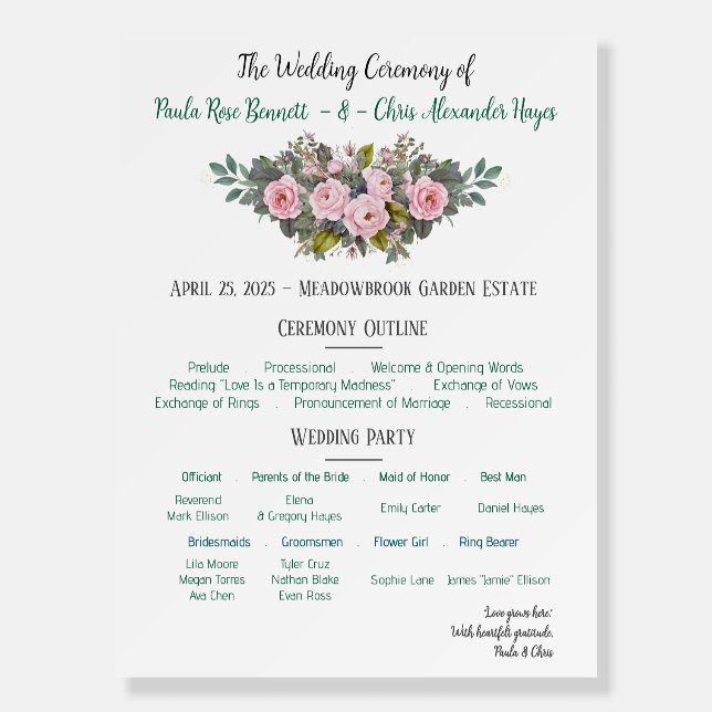 Blush Floral Wedding Program Foam Board (Front)