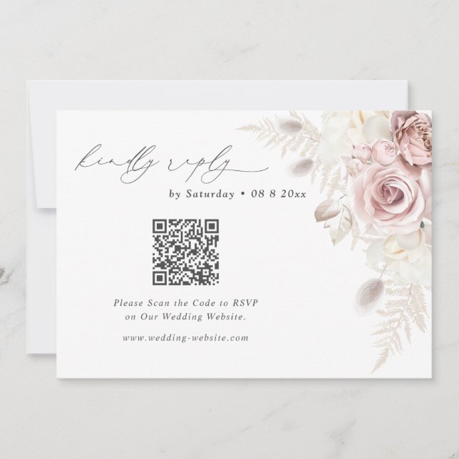 Blush Floral Wedding QR Code RSVP Enclosure Card (Front)