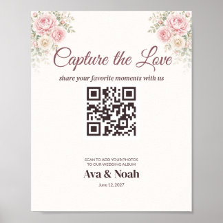 Blush Floral Wedding QR Code Sign, Photo Share Poster