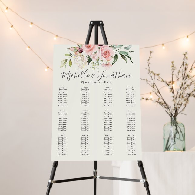 Blush Floral Wedding Seating Chart – Table Plan Foam Board (In Situ (Stand))