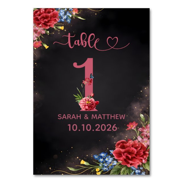 Blush Floral Wedding Table Number  1 Card (Front)